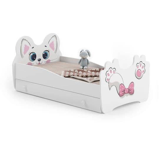 Lit Enfant Mouna Avec Tiroir Et Cadre Inclus - Chat Rose - 140 Cm X 70 Cm