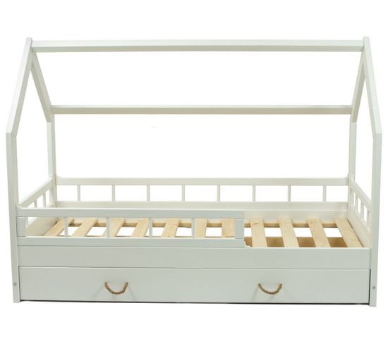 Lit Enfant Maison Scandinave Bois Naturel Avec Tiroir, Barrières De Sécurité (160x80cm) - Blanc