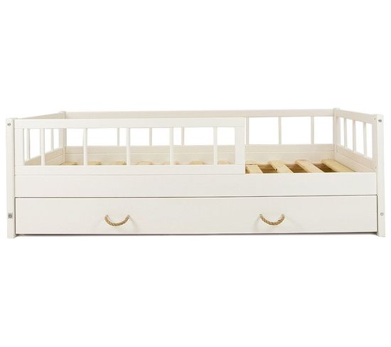 Lit D'enfant En Bois Naturel Scandinave 160x80cm Avec Barrière Et Tiroir - Blanc