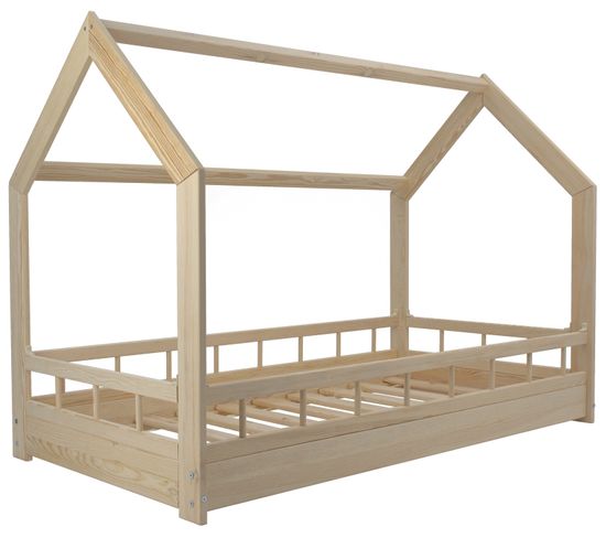 Lit Cabane Maison En Bois Naturel Brut 160x80 Cm Avec Barreaux