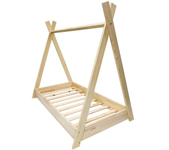 Lit Pour Enfant Maison 2-en-1 Avec Tente Cabane En Bois Naturel (160x80 Cm) - Bois