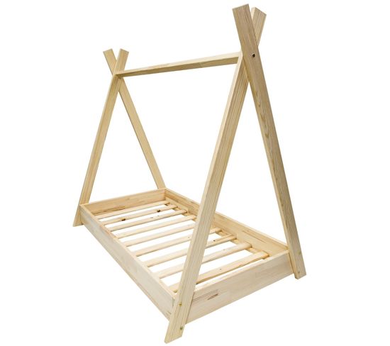 Lit Pour Enfant Maison 2-en-1 Tente Cabane En Bois Naturel (160x80 Cm)