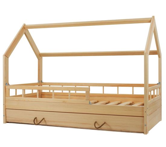 Lit Enfant Maison Scandinave Bois Naturel Avec Tiroir, Barrières De Sécurité (160x80cm)