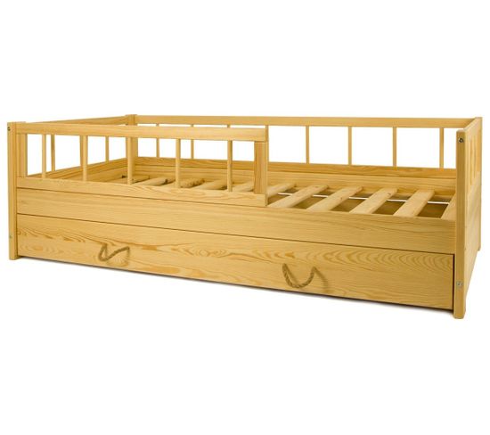 Lit D'enfant En Bois Naturel Style Scandinave 160x80cm Avec Barrière Et Double Couchage