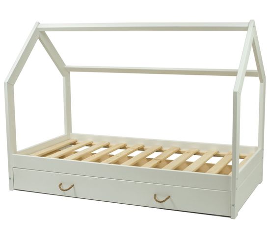 Lit Maison En Bois Naturel Style Scandinave Avec Tiroir De Rangement (160x80cm) - Blanc