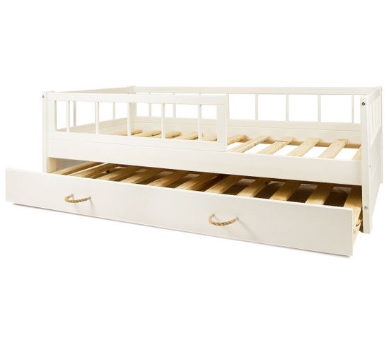 Lit D'enfant En Bois Naturel Style Scandinave 160x80cm Avec Barrière Et Double Couchage - Blanc