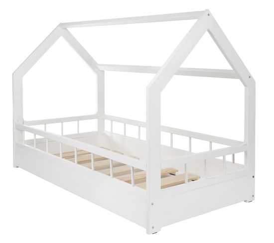 Lit Pour Enfant Maison Cabane En Bois Naturel 2-en-1 Avec Barreaux : 160x80 Cm - Blanc