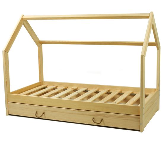 Lit Maison En Bois Naturel Style Scandinave Avec Tiroir De Rangement (160x80cm) - Bois