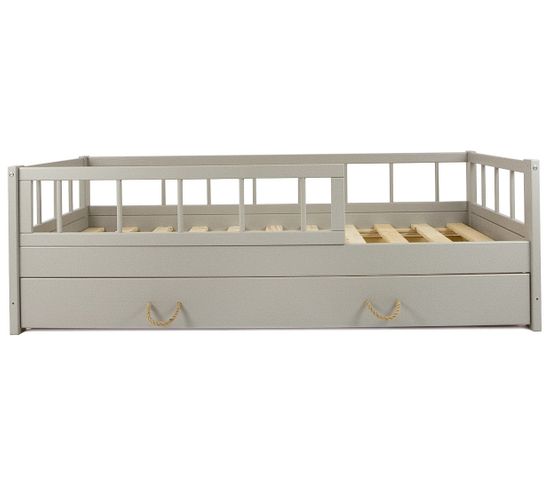 Lit D'enfant En Bois Naturel Style Scandinave 160x80cm Avec Barrière Et Tiroir - Gris