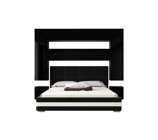 Tête De Lit Avec Rangement Armoire - Pont De Lit Panama 4/hg/b/1-1a Noir/noir Brillant 256x223x35cm