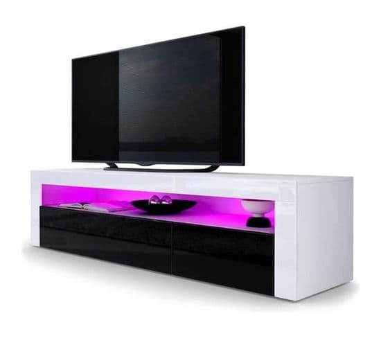Meuble TV 155 Cm Blanc Mat  Portes Laquées Noir + LED 46 X 155 X 40 Cm