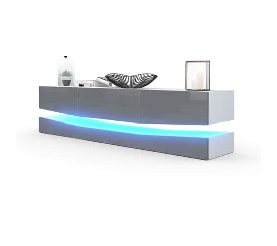 Meuble TV Avec Socle Blanc  et gris Haute Brillance, Éclairage LED Inclus (178x39x45 Cm)