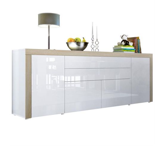 Buffet  Blanc Haute Brillance Bordure Chêne Brut Mdf (hxlxp) : 72 X 200 X 35