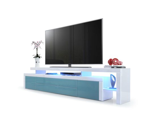 Meuble TV Blanc  Et Pétrol Laqué + LED (lxhxp) : 227 X 52 X 41