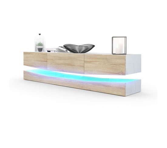 Meuble TV  Blanc Haute Brillance et aspect chêne Éclairage LED Inclus  (178x39x45 Cm)