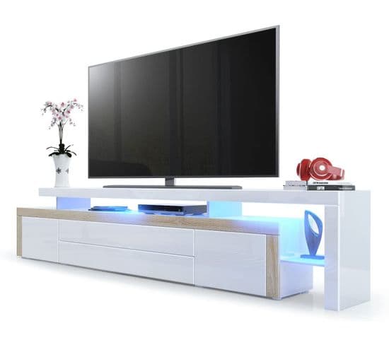 Meuble TV Laqué Blanc Et Aspect Chêne Mat  Avec LED 52 X 227 X 35  Cm