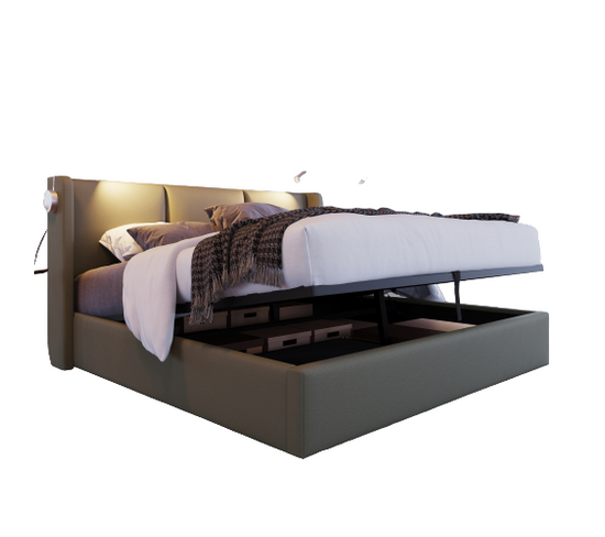 Lit double rembourré avec coffre de rangement et lampe de lecture en tête de lit, cadre de lit