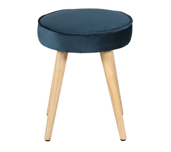 Pouf En Velours Bleu Foncé Pieds Bois Naturel Popy