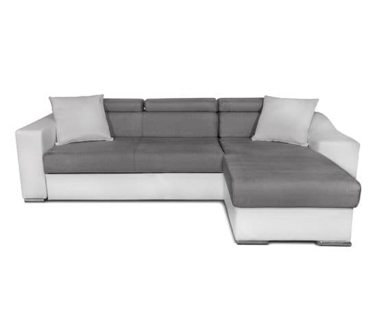 Canapé D'angle Elona Convertible Bi-matière Blanc Et Gris Avec Poufs De Rangement à Gauche