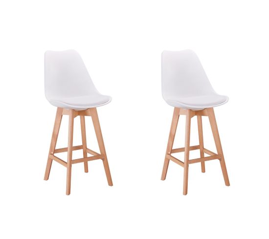 Lot De 2 Tabourets De Bar Scandinave Andrea Avec Pieds Bois - Blanc