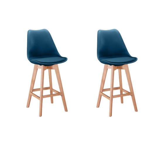 Lot De 2 Tabourets De Bar Scandinave Andrea Avec Pieds Bois - Bleu