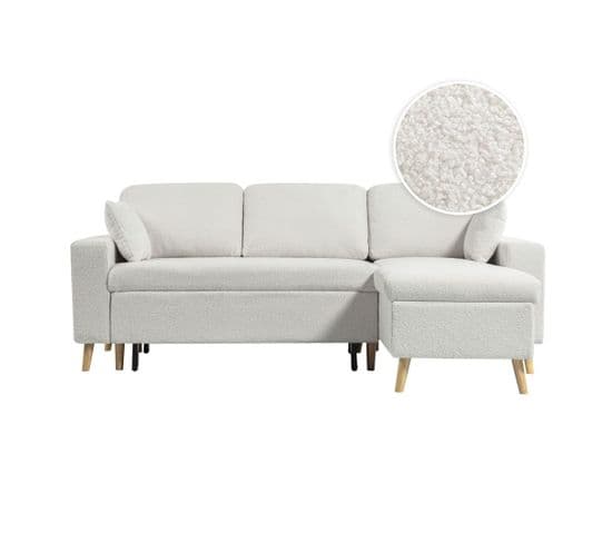 Canapé D'angle Maria Scandinave Réversible Convertible Avec Coffre En Tissu Bouclettes - Blanc