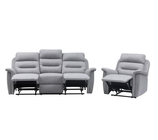 Relaxxo - Ensemble Canapé Relax Manuel Léon 3 Places + Fauteuil Manuel En Tissu Gris Clair