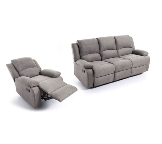 Relaxxo - Ensemble Canapé Relax Manuel Leo 3 Places + Fauteuil Manuel En Microfibre - Gris