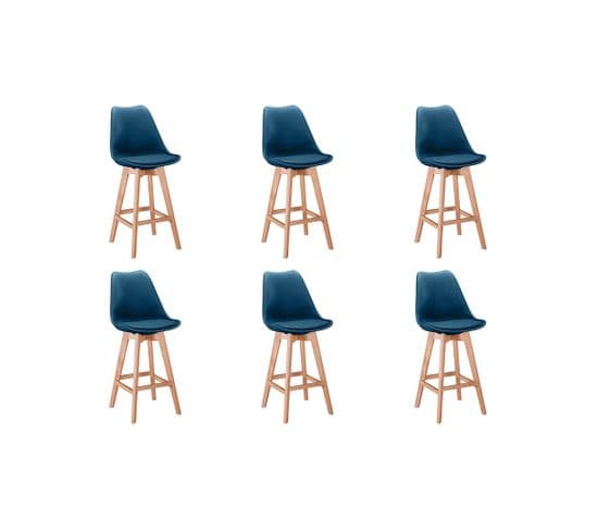 Lot De 6 Tabourets De Bar Scandinave Andrea Avec Pieds Bois - Bleu