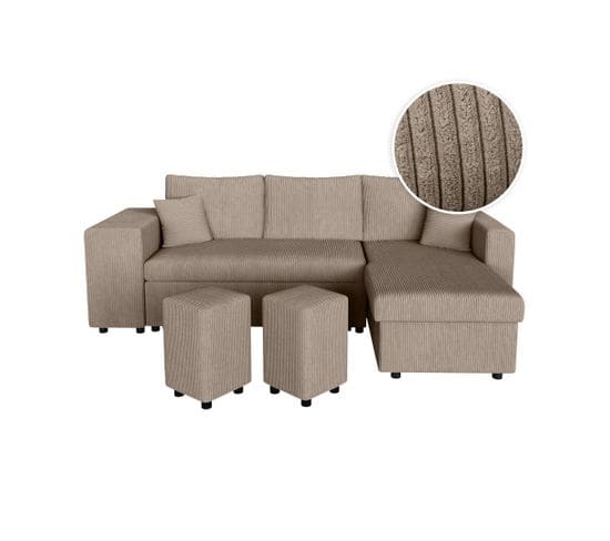 Canapé D'angle Réversible Convertible Oslo Avec Coffre, 2 Poufs à Gauche En Velours Côtelé Taupe