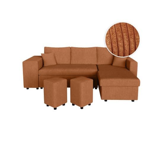 Canapé D'angle Réversible Convertible Oslo Avec Coffre 2 Poufs à Gauche En Velours Côtelé Terracotta