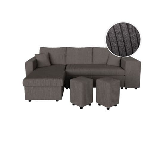 Canapé D'angle Réversible Convertible Oslo Avec Coffre 2 Poufs à Droite En Velours Côtelé Gris Foncé