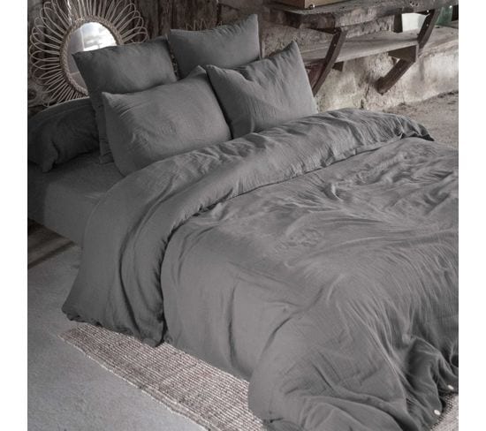 Housse De Couette Double Gaze De Coton Gris Anthracite 240x220 Cm