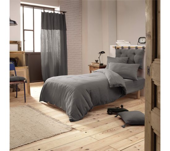 Housse De Couette Double Gaze De Coton Gris Anthracite 140x200 Cm