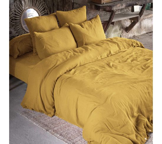 Parure De Lit Double Gaze De Coton Jaune 140x200 Cm