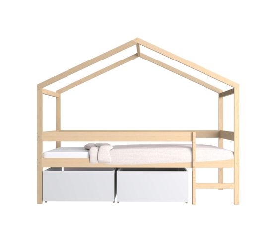 Lit Cabane Bois + 2 Tiroirs Naturel 90x190