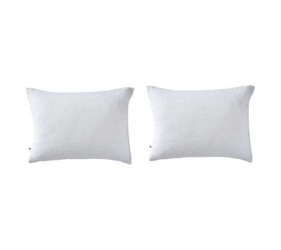 Lot De 2 Taies D'oreillers Brodées Double Gaze Coton Blanc 50x70