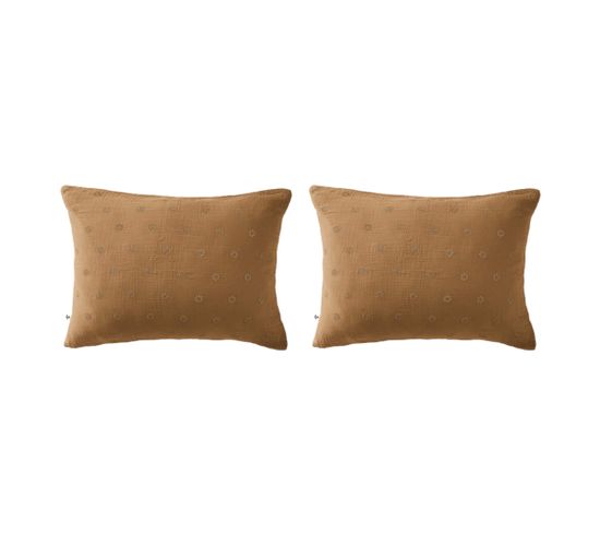 Lot De 2 Taies D'oreillers Brodées Double Gaze Coton Marron 50x70