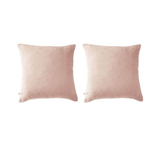 Lot De 2 Taies D'oreillers Pois Brodés Double Gaze Coton Rose 60x60