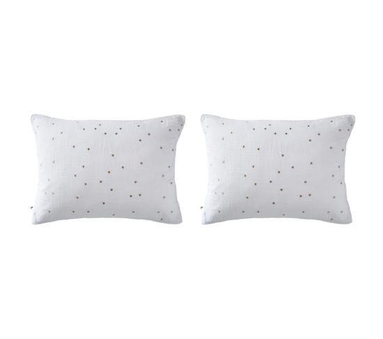 Lot De 2 Taies D'oreillers Pois Brodés Double Gaze Coton Blanc 50x70