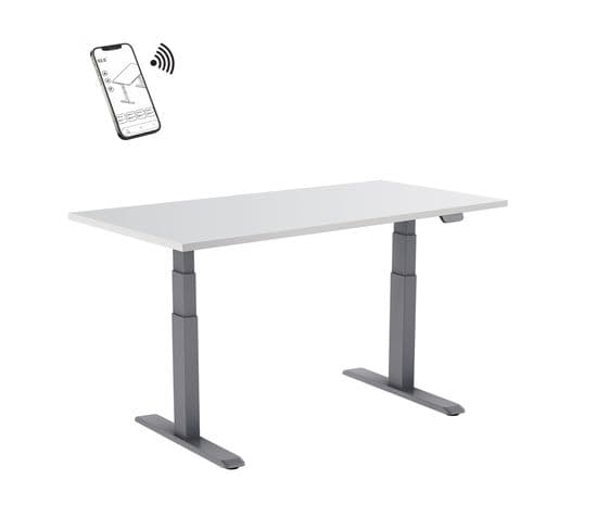 Bureau Motorisé Assis-debout 180x75cm Plateau Blanc/pied Gris, Connecté