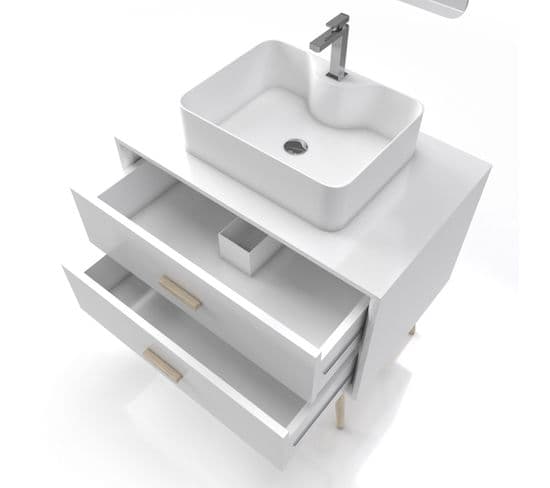 Meuble Salle De Bain Scandinave Blanc 80 Cm Sur Pieds Avec Tiroir, Vasque A Poser Et Miroir LED