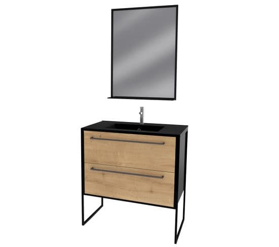 Ensemble De Salle De Bain - Vasque Effet Pierre 80x50 - 2 Tiroirs Chêne Naturel - Miroir