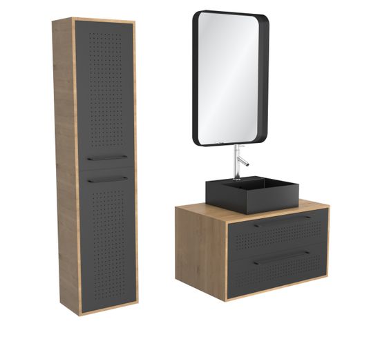 Meuble Salle De Bains 80 Cm, Vasque Carrée, Miroir Et Colonne - Chêne Naturel Et Noir - Uby