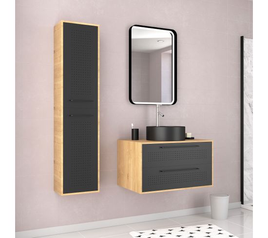 Meuble Salle De Bains 80 Cm, Vasque Ronde, Miroir LED Et Colonne - Chêne Naturel Et Noir - Uby