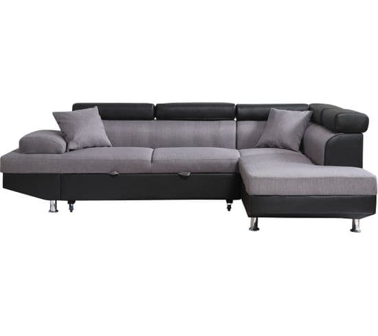 Canapé Angle Convertible Sophia Luxe - 265 X 190.5 X 80/91 Cm - Noir/Gris - 5 Places - Angle Droite