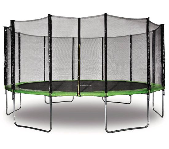 Trampoline " Yoopi " - Ø 4.90 M - Vert - Avec Filet + Échelle + Couverture + Kit D'ancrage