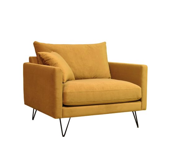 Villabon - Fauteuil XL En Velours Pieds Épingles Noirs - Couleur - Jaune Moutarde