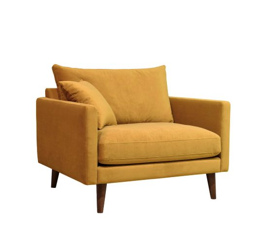 Villabon - Fauteuil XL En Velours Pieds Bois Foncé - Couleur - Jaune Moutarde