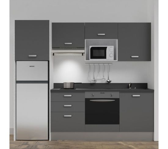 Kitchenette K37l - 240 Cm - Gris - Nero - Évier À Droite